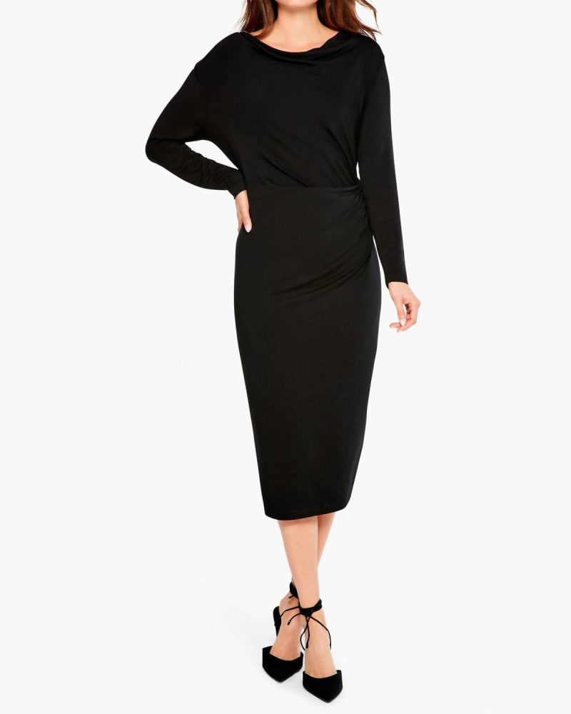 Front of a model wearing a size LRG Draped Eaze Dress in Black in Black by Nic + Zoe. | dia_product_style_image_id:326052